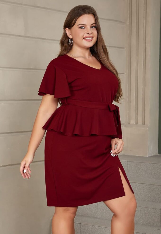 Plus Size Frauen Empire Taillierte Arbeit Midi Bleistift Bodycon Kleid V-Ausschnitt Kurzarm – Bild 5