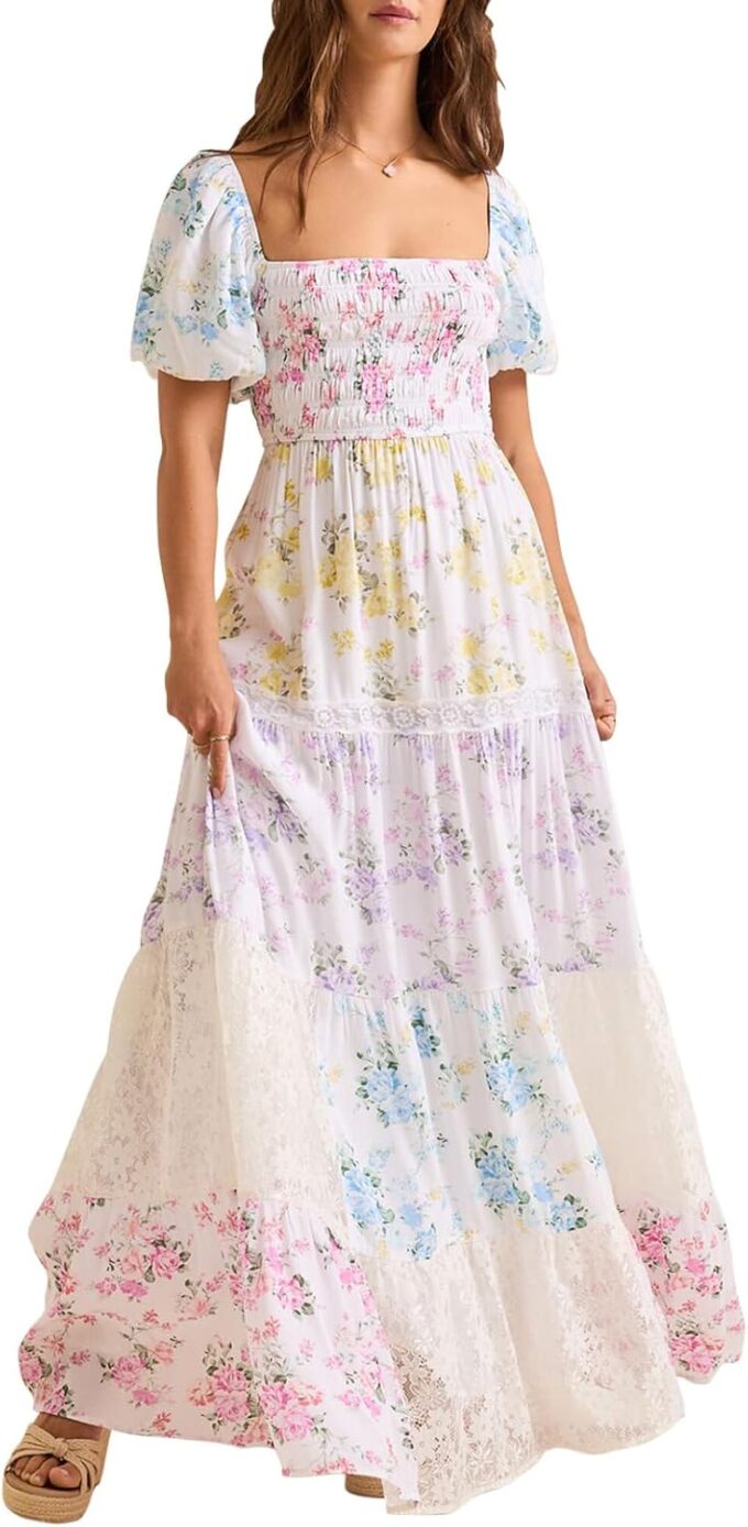 Women Patchwork Dress Y2k Floral Patchwork Maxi Dress Puffy Short Sleeve Square Neck Smocked Tiered Ruffle Sundress