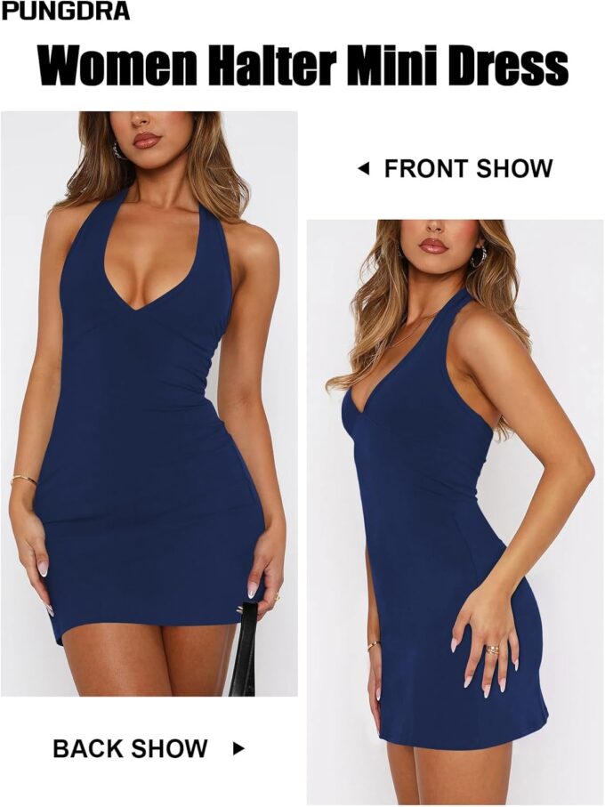 Women's Sexy Halter V Neck Mini Dress for Women Summer Slim Fit Going Out Club Party Bodycon Short Dresses – Bild 3
