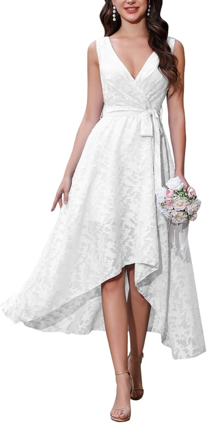 Women's Flowy Wedding Guest Dress A Line Jacquard Sleeveless High Low Midi Length Formal Summer Dress with Belt White M