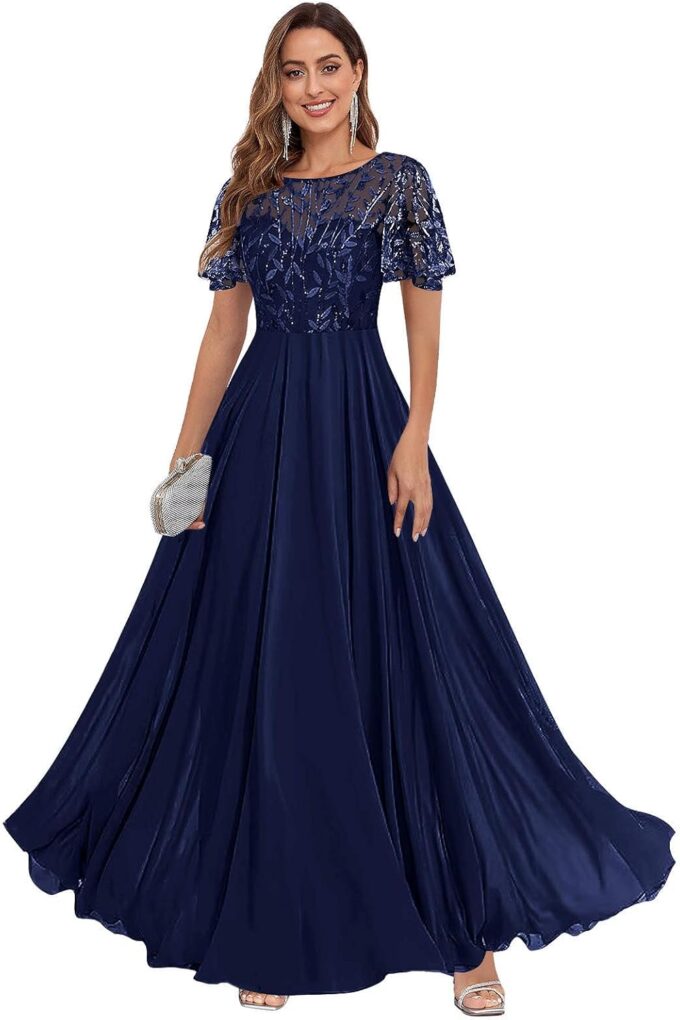Women's Sequin Lace Mother of The Bride Dresses for Wedding Short Sleeve Formal Evening Gowns with Pockets