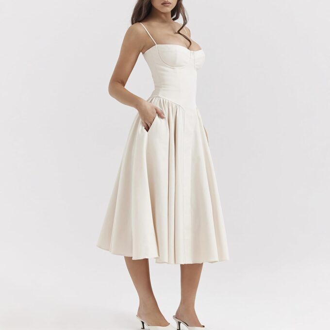 Women's Corset Dress Vintage Spaghetti Strap A-Line Midi Elegant Bustier Cocktail Party Evening Tea Dresses Pocket – Bild 7