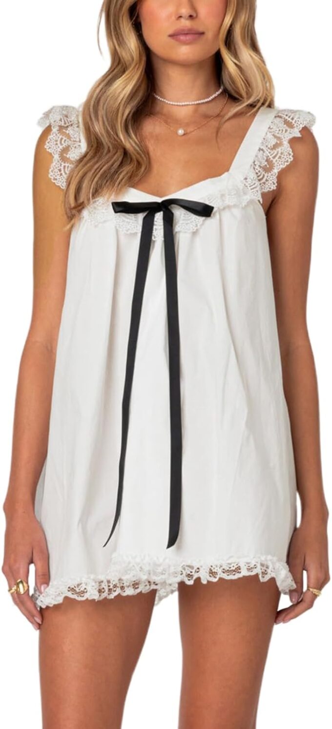 Women Y2K Lace Trim Slip Dress Casual Bow Tie Pleated Ruffle Tunic Dress Summer Outgoing Solid Color Short Sundress