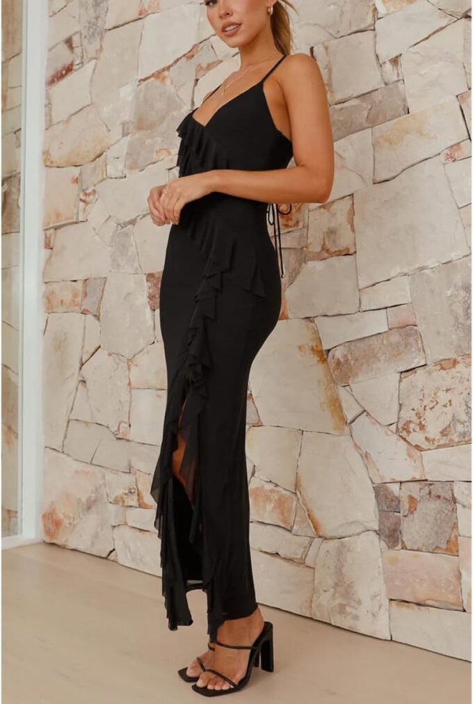 Women's Sexy V Neck Maxi Dress Backless Bodycon Spaghetti Strap Mesh Ruffle High Slit Cocktail Party Formal Dresses – Bild 5