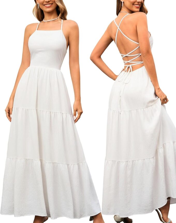 GLNEGE Women's Summer Boho Long Dresses Spaghetti Backless Lace Up Beach Dress Vacation Flowy Sundresses 2025