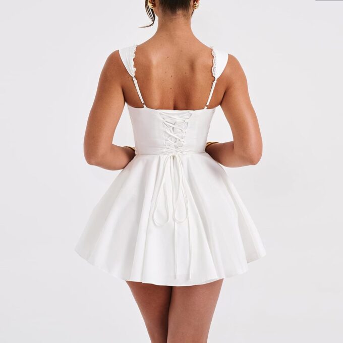 Women's Y2k Mini Corset Dress Deep V Neck Sleeveless Backless Ruffle Hem Dress Lace Trim A-Line Beach Sundress – Bild 5