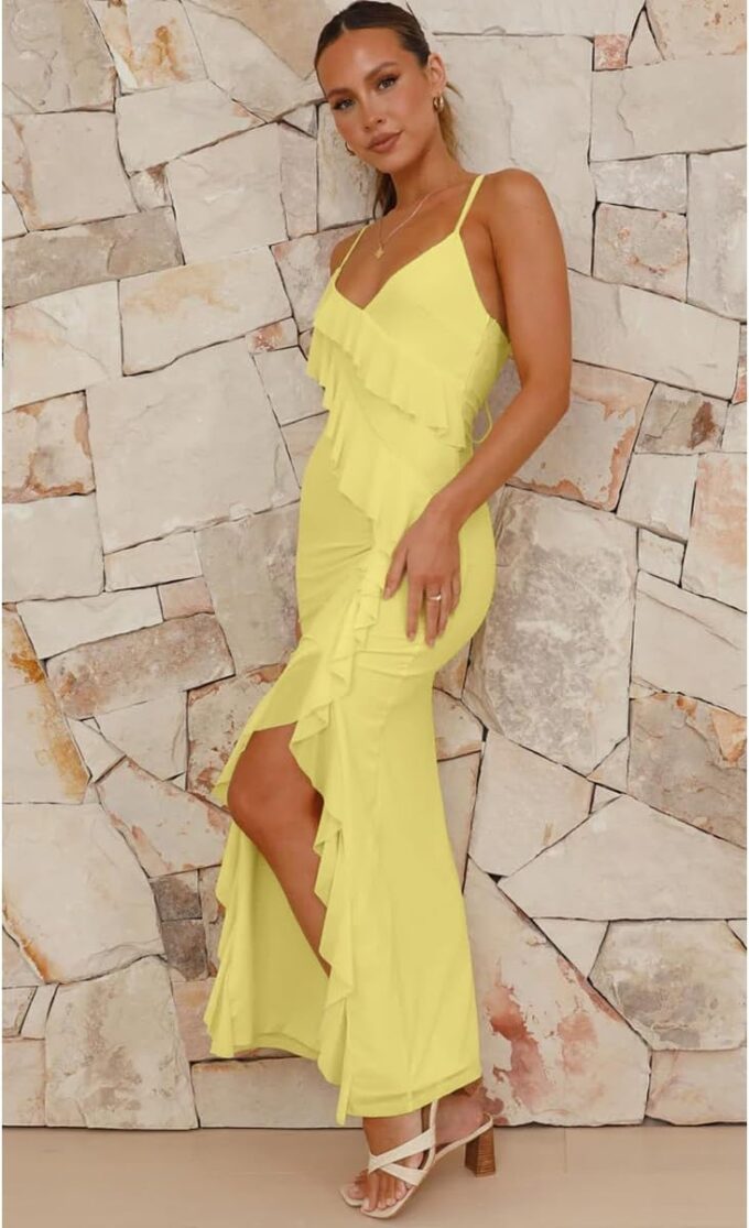 Women's Sexy V Neck Maxi Dress Backless Bodycon Spaghetti Strap Mesh Ruffle High Slit Cocktail Party Formal Dresses – Bild 6