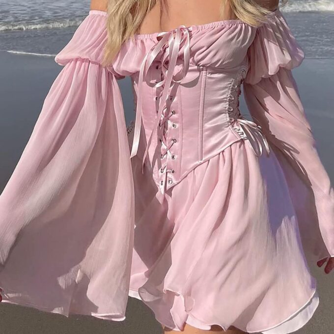ETATNG Womens Two Piece Corset Dress Off Shoulder Bell Sleeve Summer Party Lace Up Bustier Dress – Bild 2