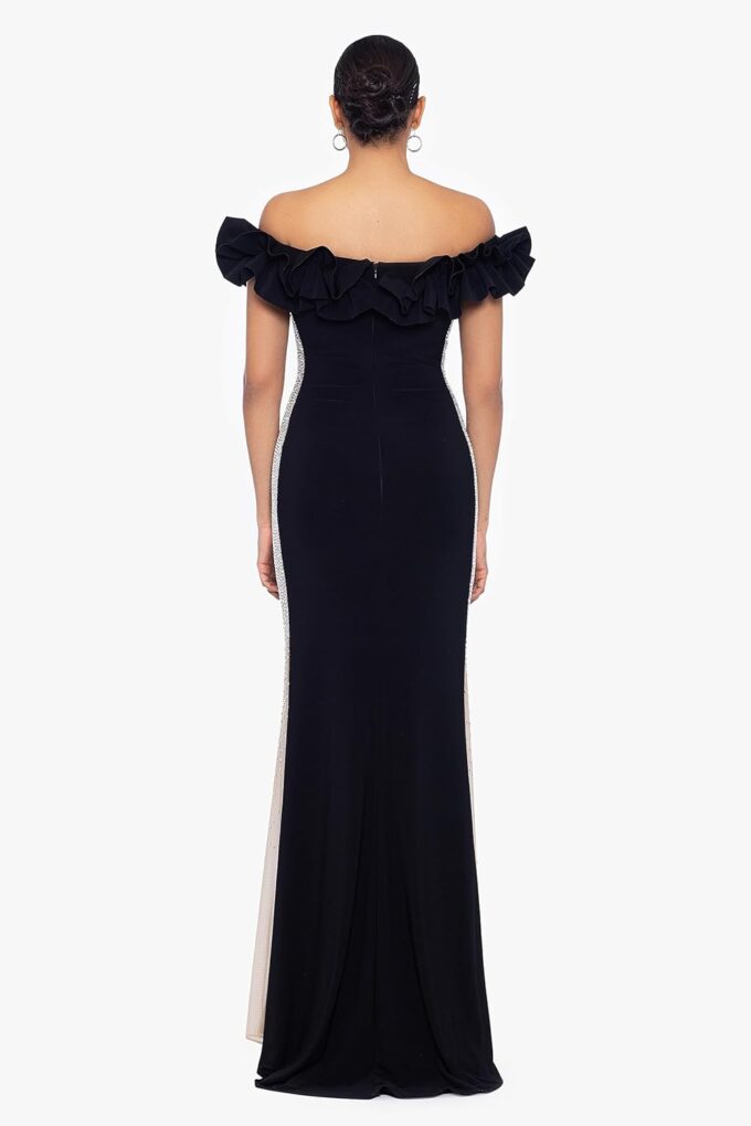 Xscape Women's Long Off The Shoulder Ruffle Beaded Mesh Back Dress – Bild 2