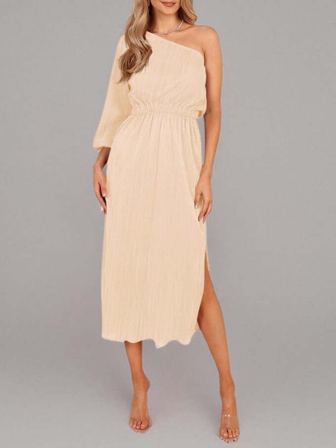 Wenrine Women's One Shoulder Midi Dress Long Sleeve Pleated High Waist Elegant Sexy Split Party Dress – Bild 6