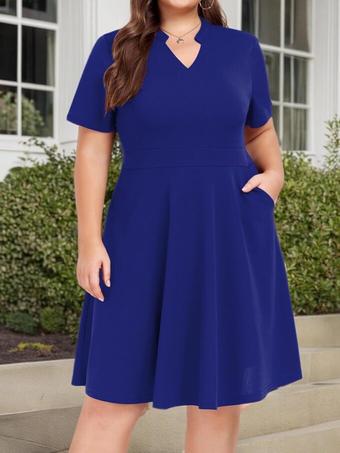 Mokayee Womens Plus Size Dresses Summer V Neck Casual Semi Formal Knee Length Church Wedding Guest Dresses with Pocktes – Bild 7