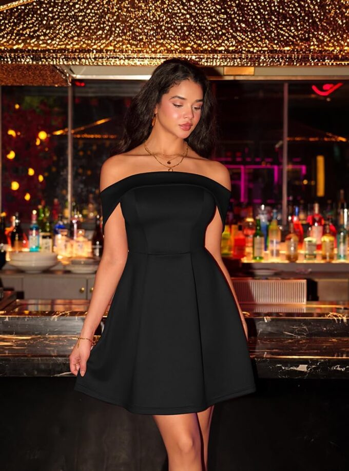 XXTAXN Women's Sexy Off Shoulder Sleeveless Wedding Guest Party Club A Line Mini Dress – Bild 9