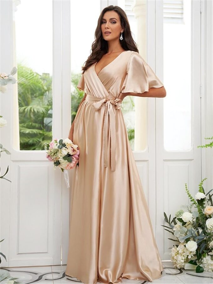 YMSHA Pleated V Neck Satin Bridesmaid Dresses with Sleeves Side Slit Formal Party Dress YMS170 – Bild 4