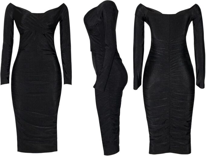 Women's Sexy Deep V Neck Off Shoulder Ruched Bodycon Long Sleeve Midi Dress Evening Party Cocktail Dress – Bild 4