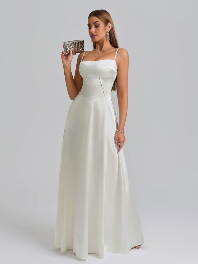 KUTUMAI Satin Maxi Dress Spaghetti Strap Lace Up Long Formal Dresses for Women Wedding Guest Cocktail Evening Prom – Bild 5