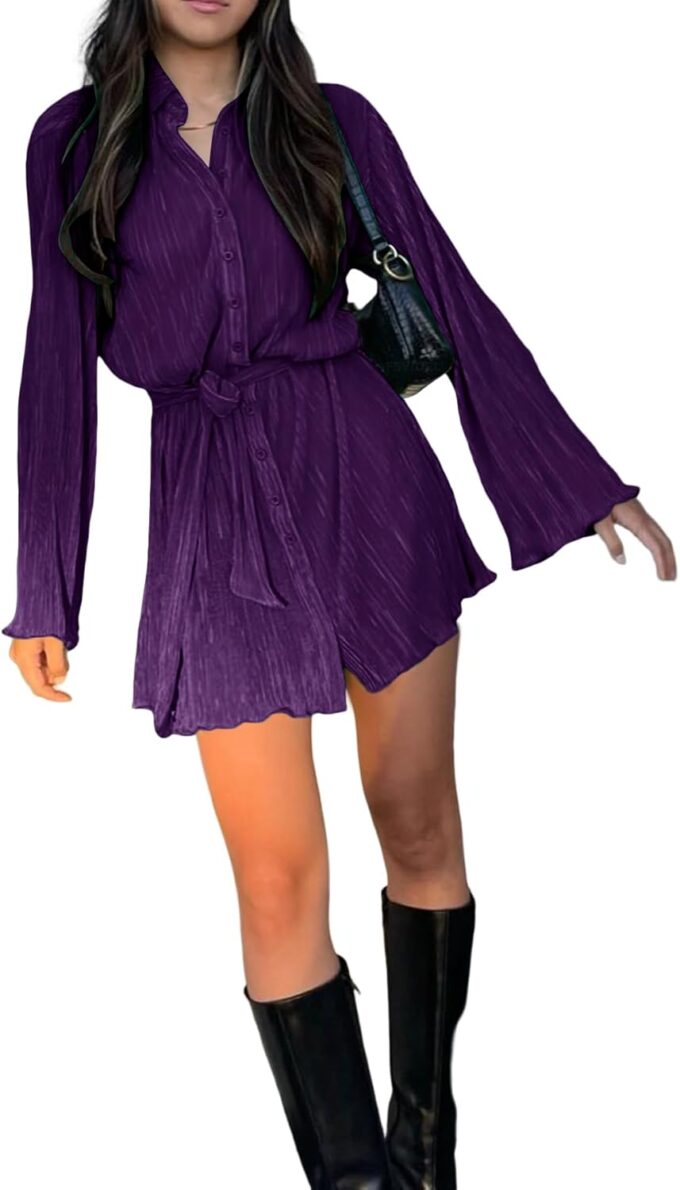 LYANER Damen-Minikleid mit Kragen, V-Ausschnitt, Knopfleiste, plissiert, langärmelig, mit Gürtel – Bild 6