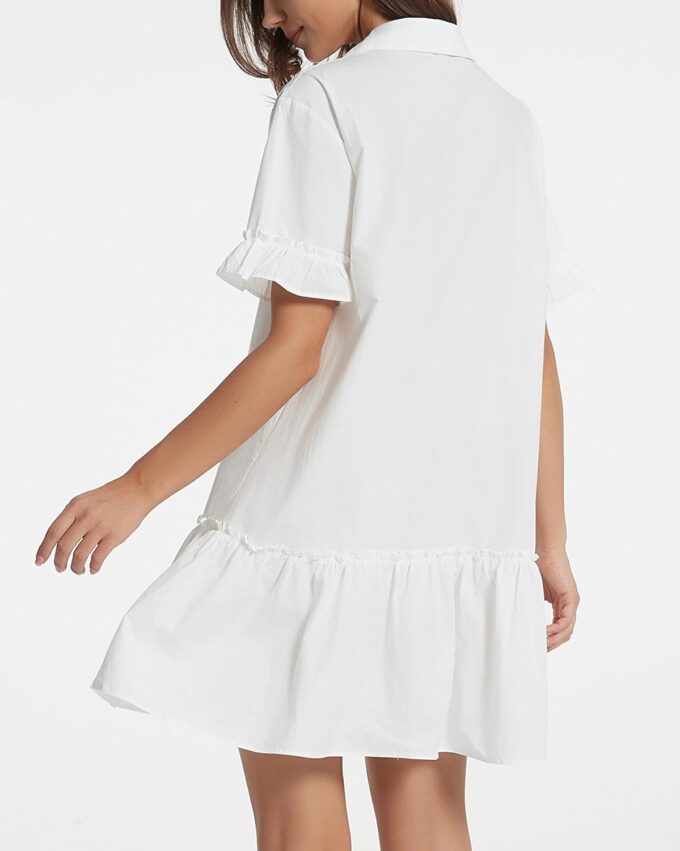 Women's Cotton Linen Ruffle Mini Dress Short Sleeve Button Down Drop Waist Tunic Shirt Dress – Bild 7