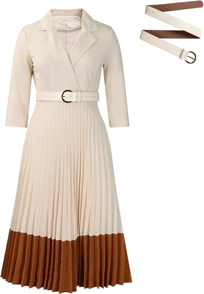 LVBOUSLTD Damen 3/4 Ärmel Plissee Kleid Midikleid mit Gürtel V Ausschnitt Business Elegante Kleider Formal Lady Dress – Bild 6