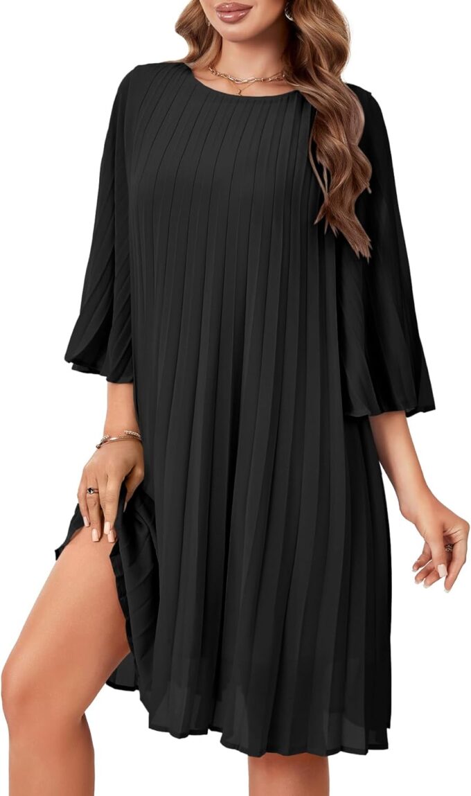 Rooscier Women's 3/4 Sleeve Pleated Crew Neck Keyhole Back Flowy Loose Fit Midi Dress – Bild 3
