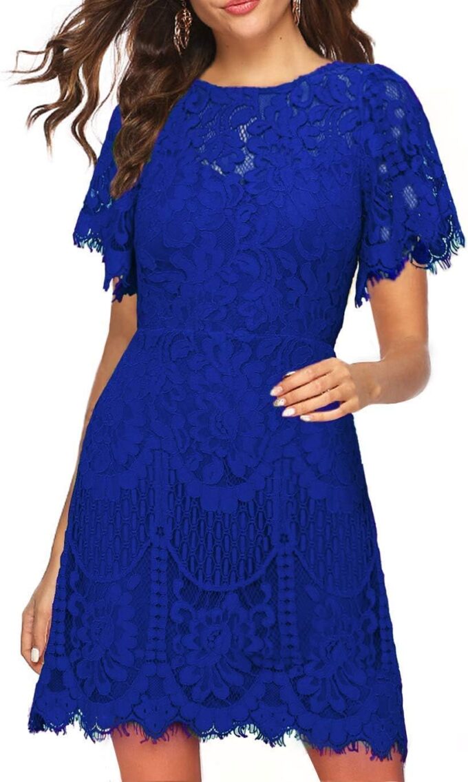 MSLG Women's Elegant Round Neck V-Back Wedding Guest Floral Lace Cocktail Party A Line Dress 910