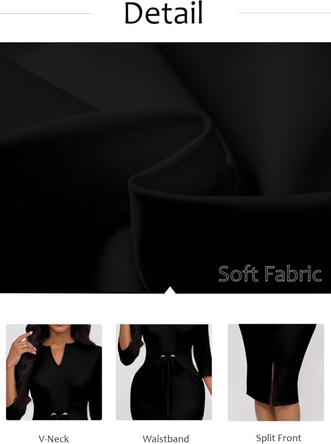 FANDEE Damen Vintage Kleider 3/4 Ärmel V-Ausschnitt Bodycon Bleistift Midi Arbeit Kirche Kleid mit Gürtel – Bild 5
