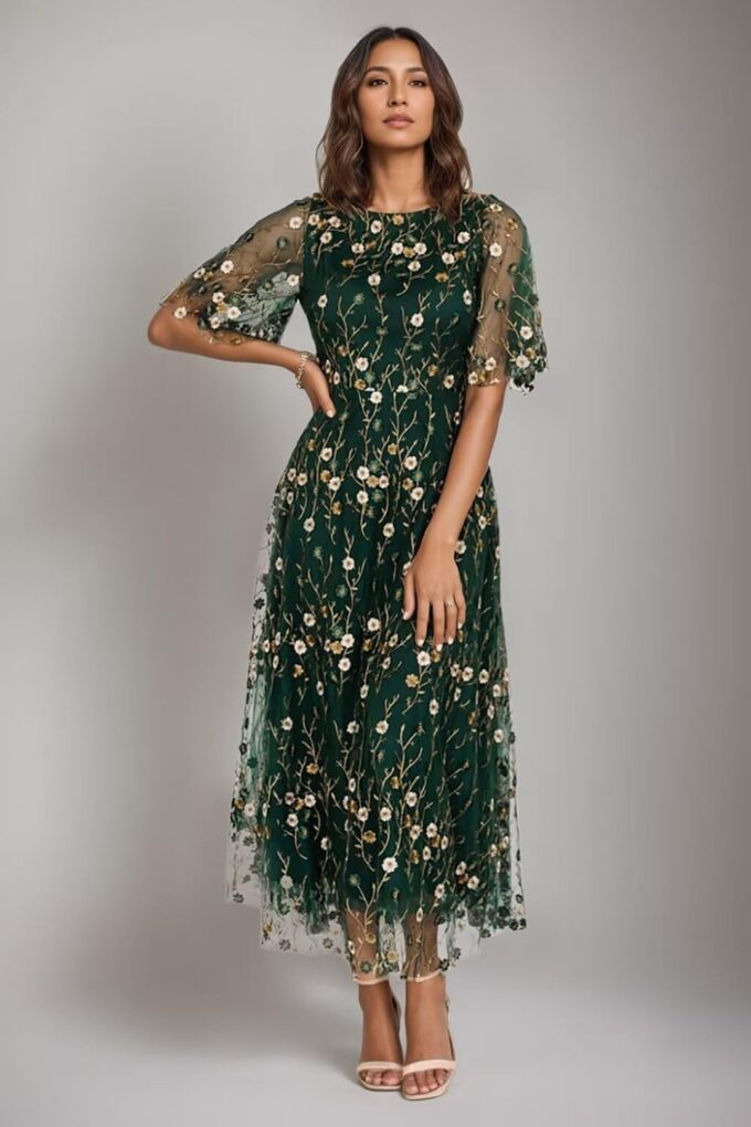 Flower Embroidery Tea Length Mother of The Bride Dresses Short Sleeves A-Line Formal Gowns for Prom Wedding Party DR0590 – Bild 5