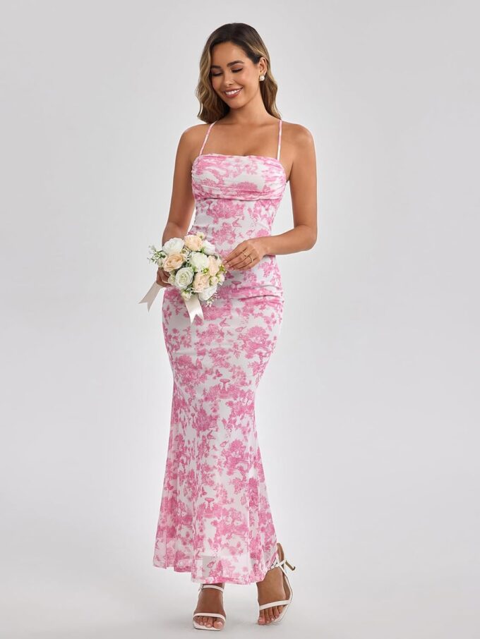 Women's Summer Floral Maxi Dress Square Neck Mesh Ruched Bodycon Formal Wedding Guest Long Dresses – Bild 6