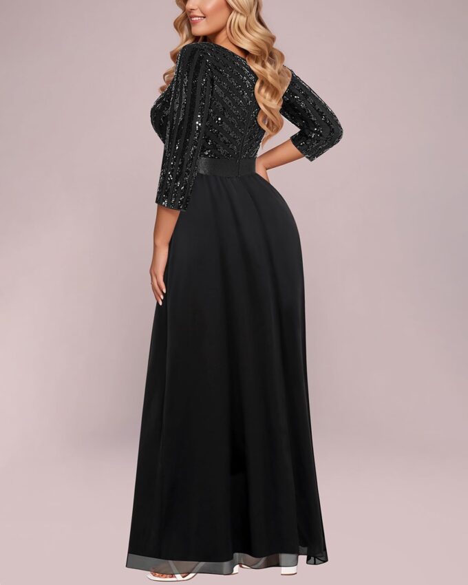 Womens Plus Size Formal Dresses - V Neck 3/4 Sleeve Sequin Prom Evening Gowns Long Maxi Dress – Bild 3