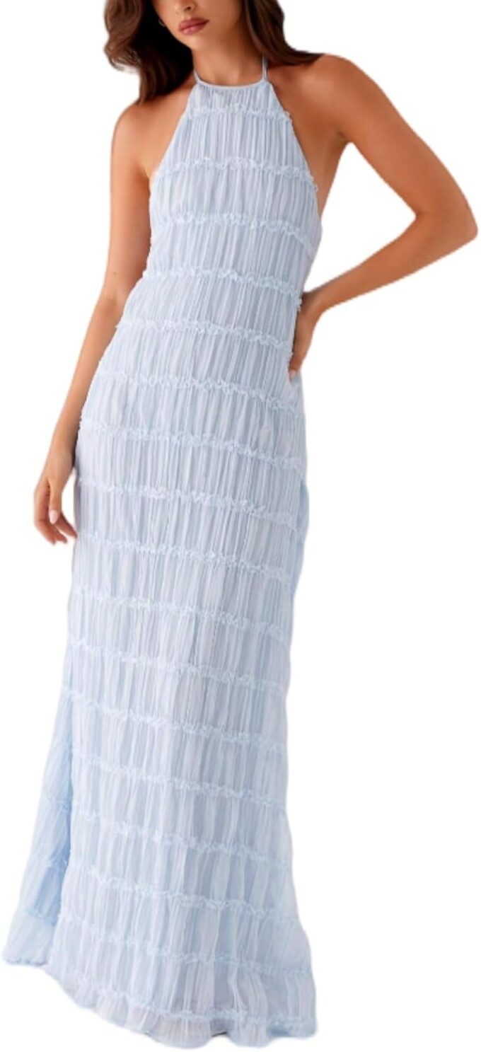Women Summer Halter Neck Maxi Dress Flowy Ruffle Tiered Sleeveless Sundress Boho Backless Spaghetti Strap Long Dress