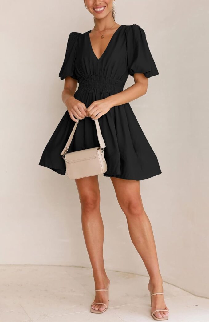 BWQ Women Mini Dress Short Puff Sleeve Sexy V Neck Dress A-line Elastic High Waisted Casual Flowy Summer Dresses – Bild 3
