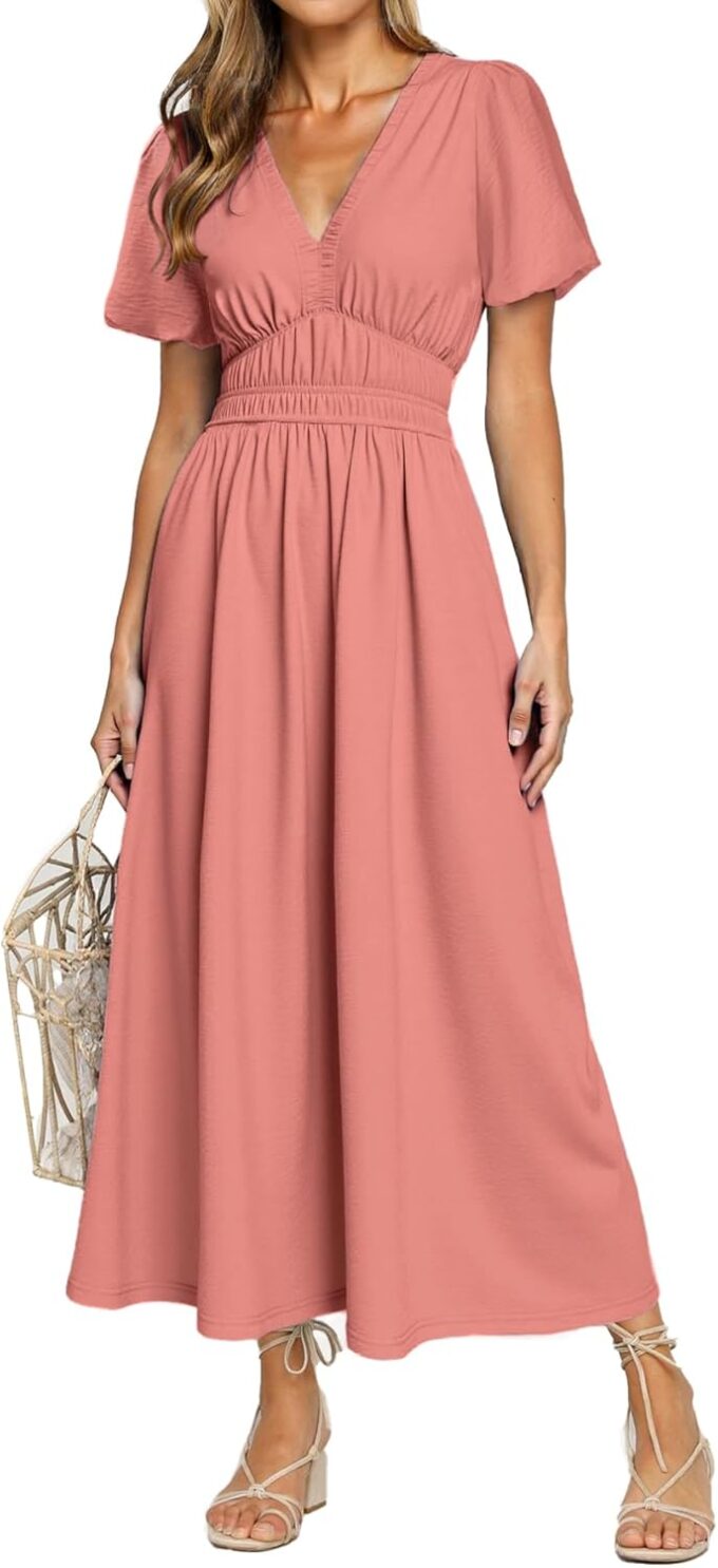 Simplee Women's Summer Flowy Midi Dress Casual V Neck Short Sleeve Empire Waist Boho Beach Dress Wedding Guest Maxi Dress