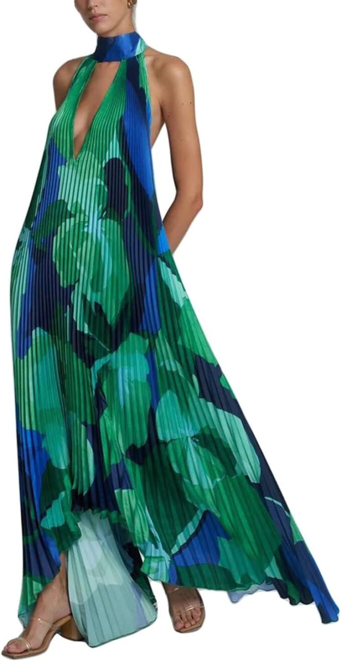 GGUHHU Womens Color Block Floral Maxi Halter Dress Hollowed V-Neck Backless Accordion Beach Dresses