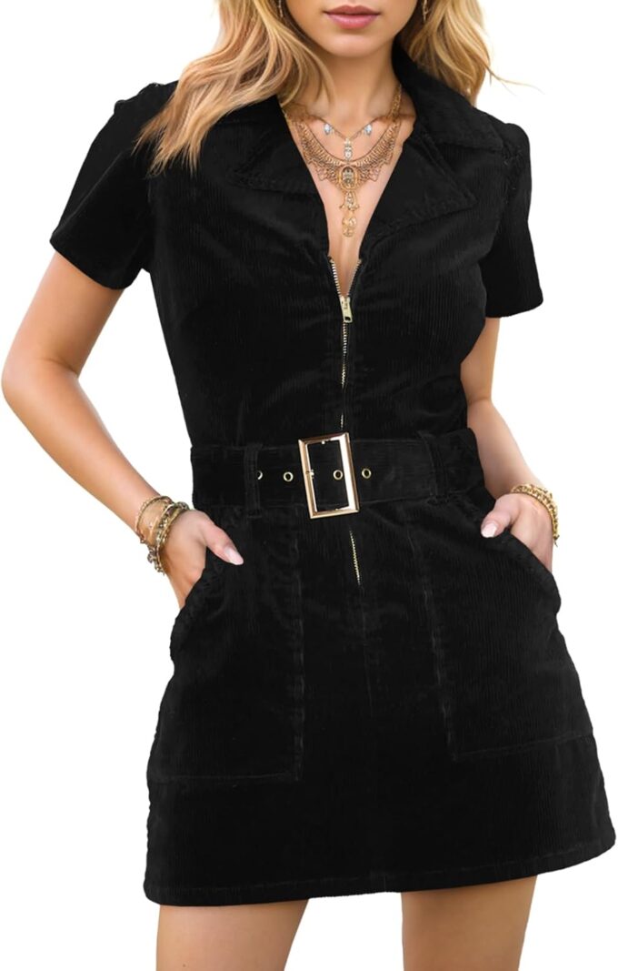 Women's Corduroy Mini Dress Short Sleeve Lapel Zip Up Belted Cowgirl Dresses with Pockets