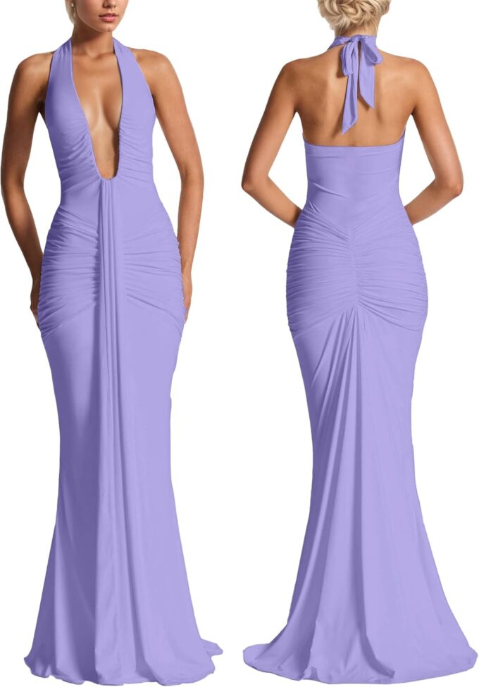 Women’s Evening Extra Long Dress Deep V-Neck Backless Halter Ruched Draped Elegant Club Party Maxi Dress Gown Outfits