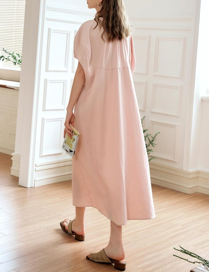 Women's Light Pink Long Dress, Pleated Round Neck Puff Sleeve Loose Summer Casual Midi Dress with Pockets – Bild 2