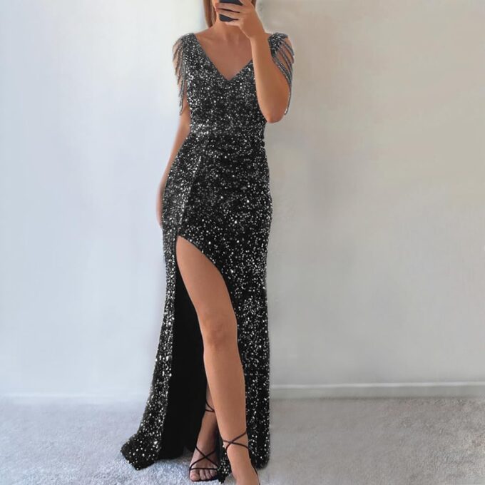 Cololura Women Sexy Elegant Sequin V Neck Tassel Mermaid Bodycon Formal Party Gowns Evening Maxi Dress – Bild 2