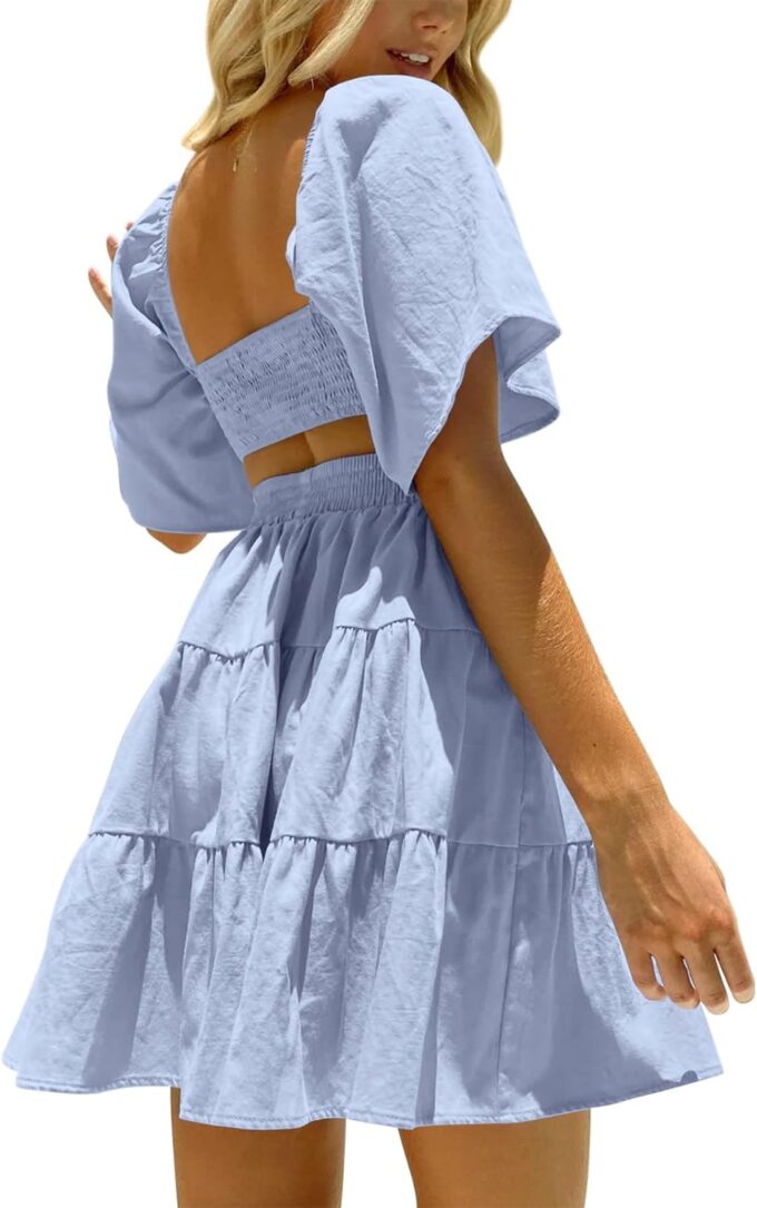 OWNGIGI Women's Summer Dresses Square Neck Short Sleeve Cutout Crossover Elastic Waist Casual Party A-Line Mini Dress