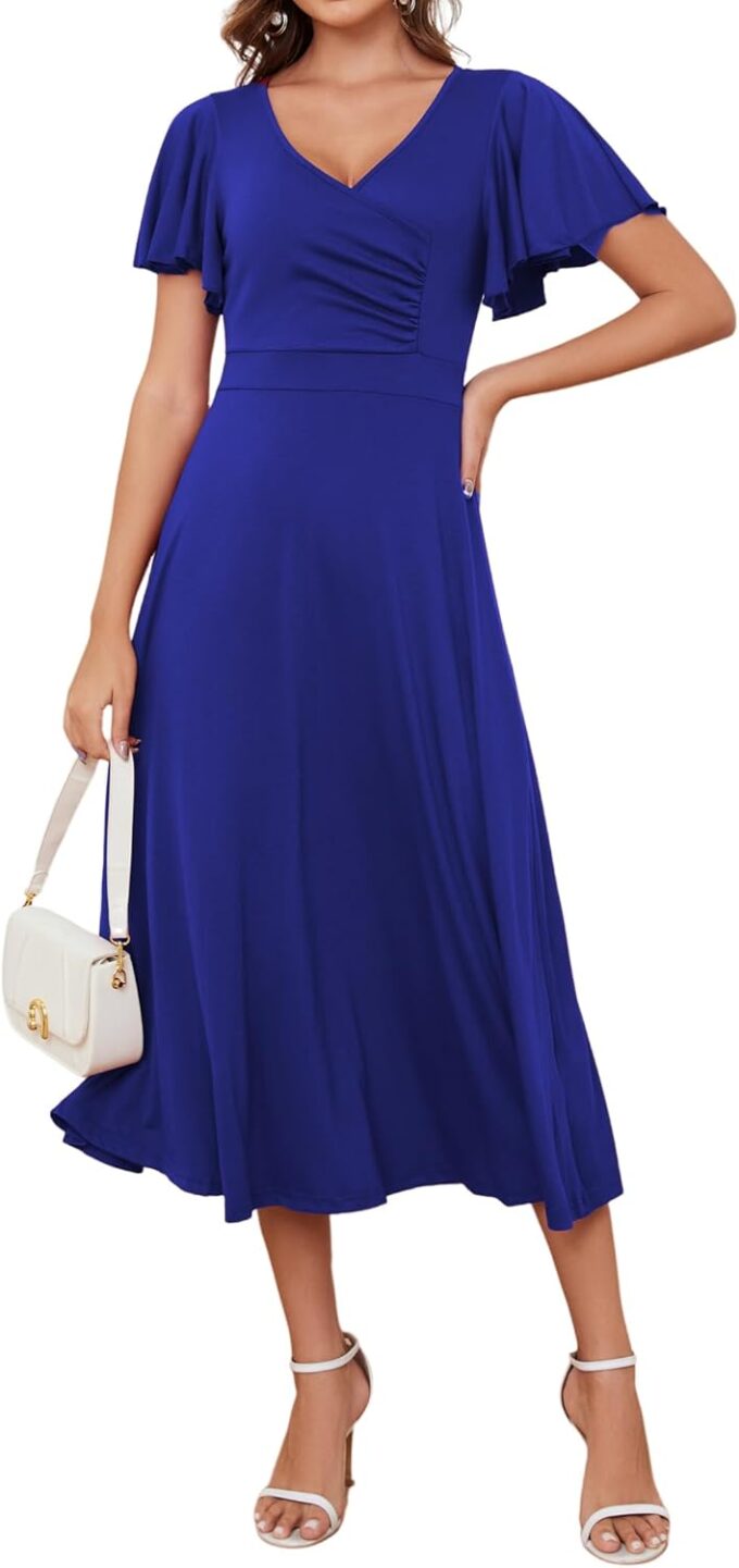 MIDNIGHTSUN Women's Wrap V Neck Cocktail Party Midi Dress Ruffle Short Sleeve Formal Wedding Guest Dresses
