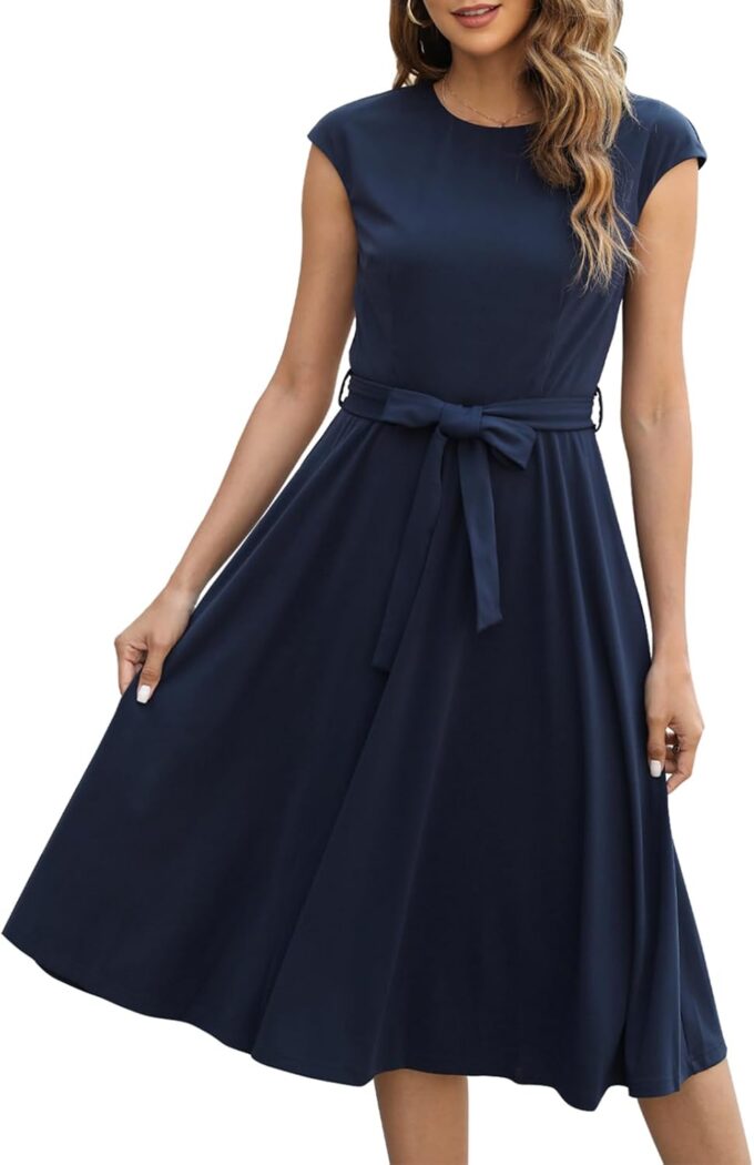 Women's Cap Sleeve Fit and Flared Dress Summer Cocktail Elegant Midi Dresses with Belt MY227