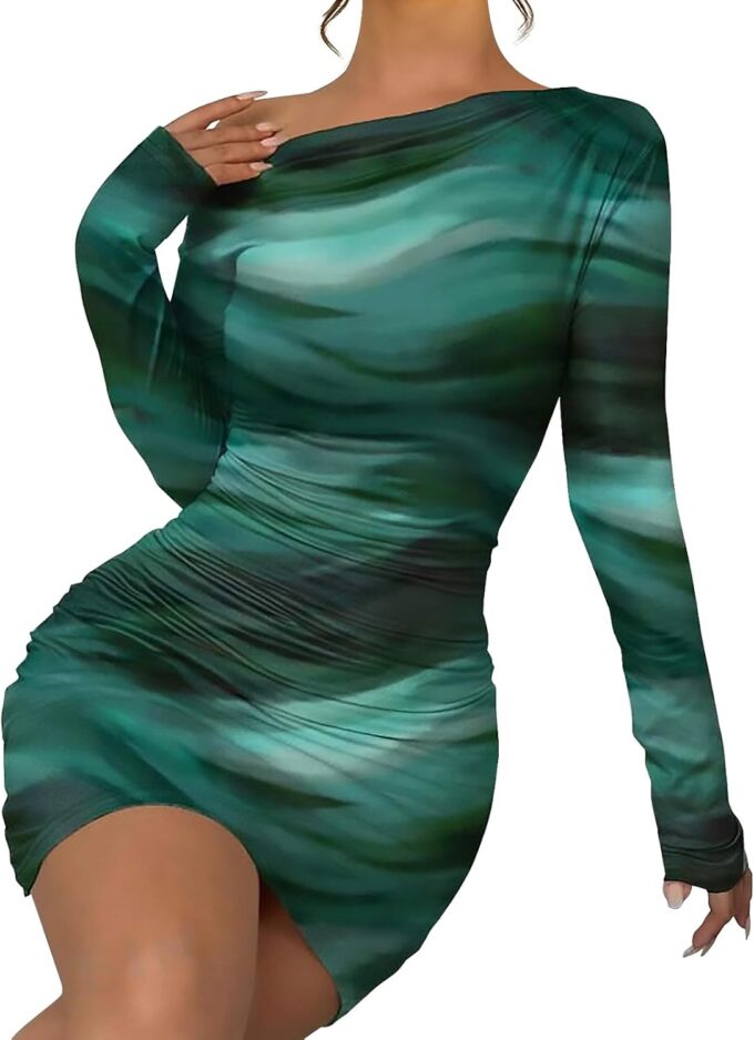 Women's Long Sleeve Bodycon Mini Dress Tie Dye Print Slim Fit Asymmetrical Neck Elegant Formal Ruched Short Dresses – Bild 2