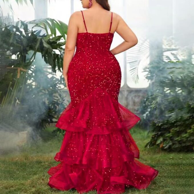 Women Sexy Sleeveless Sequin Mesh Patchwork Maxi Dress Red Plus Size Sling Cocktail Party Formal Gowns – Bild 3