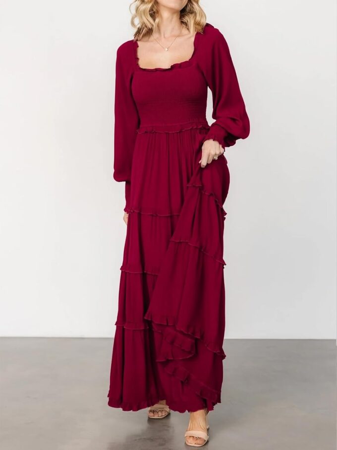 hibshaby Women Elegant Puff Long Sleeve Dress Square Neck Pleated A Line Dress Smocked Empire Waist Swing Flowy Long Dresses – Bild 5