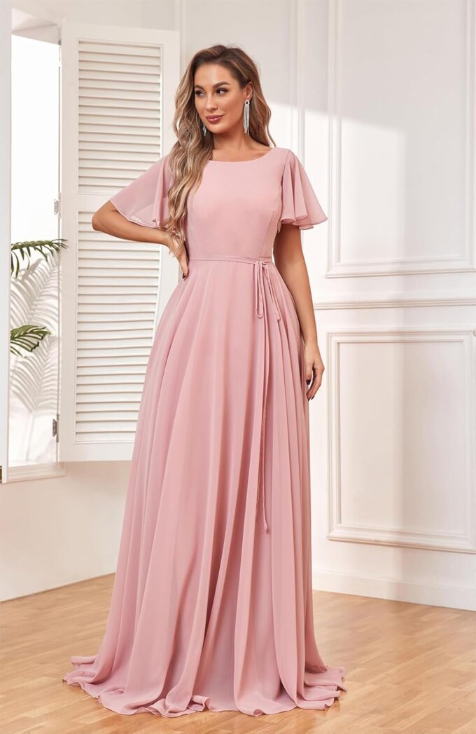 Flutter Sleeve Bridesmaid Dresses with Pockets Sash for Women 2025 Chiffon Wedding Formal Evening Gown – Bild 5