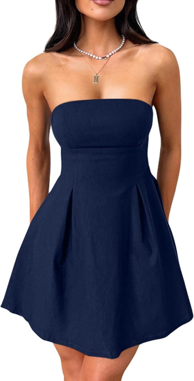YMDUCH Women's Sexy Sleeveless Strapless Bow Tie A Line Party Club Short Mini Dress