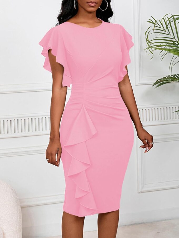 Women 2025 Summer Ruffle Short Sleeve Midi Dress Vintage Crew Neck Bodycon Pencil Dresses – Bild 3