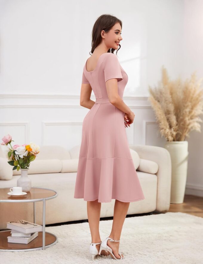 Bbonlinedress Womens Short Sleeve Wedding Guest Dresses Cocktail Vintage Party Church Formal A-Line Midi Dress with Belt – Bild 2
