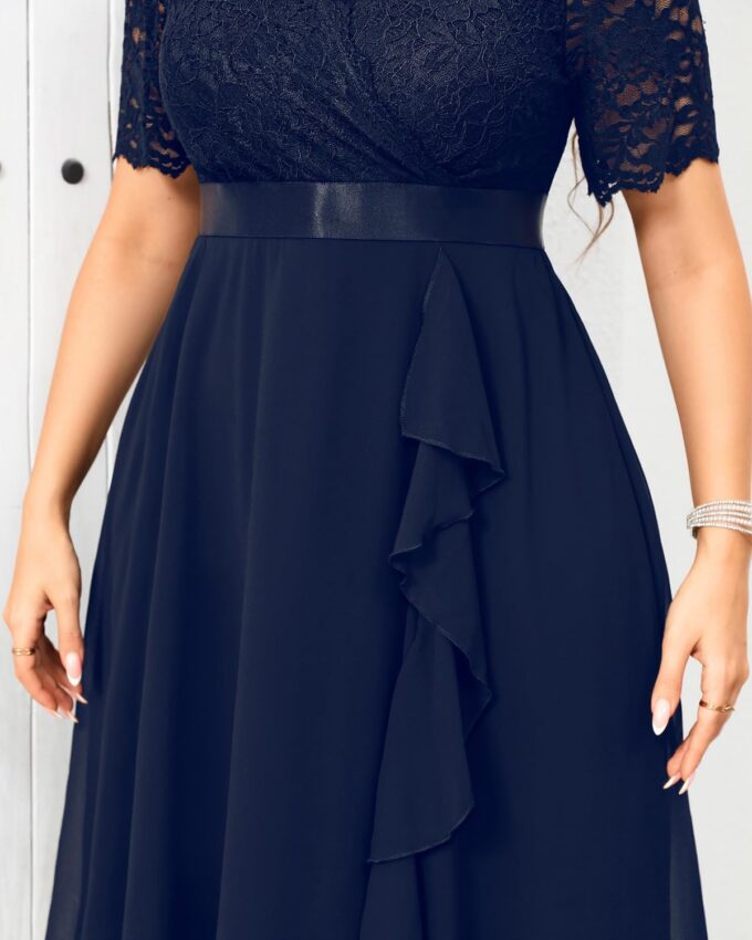 Plus Size Wedding Guest Dress - Formal Cocktail Party Ruffle Elegant Tea Length Lace Chiffon V Neck Midi Dresses – Bild 5