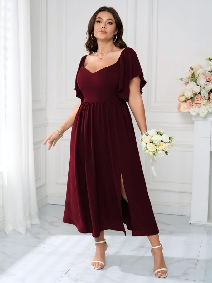 SCOMCHIC Women Plus Size Dresses Short Sleeve Sweetheart Neckline Wedding Guest Cocktail Smocked A Line Slit Maxi Dress – Bild 2