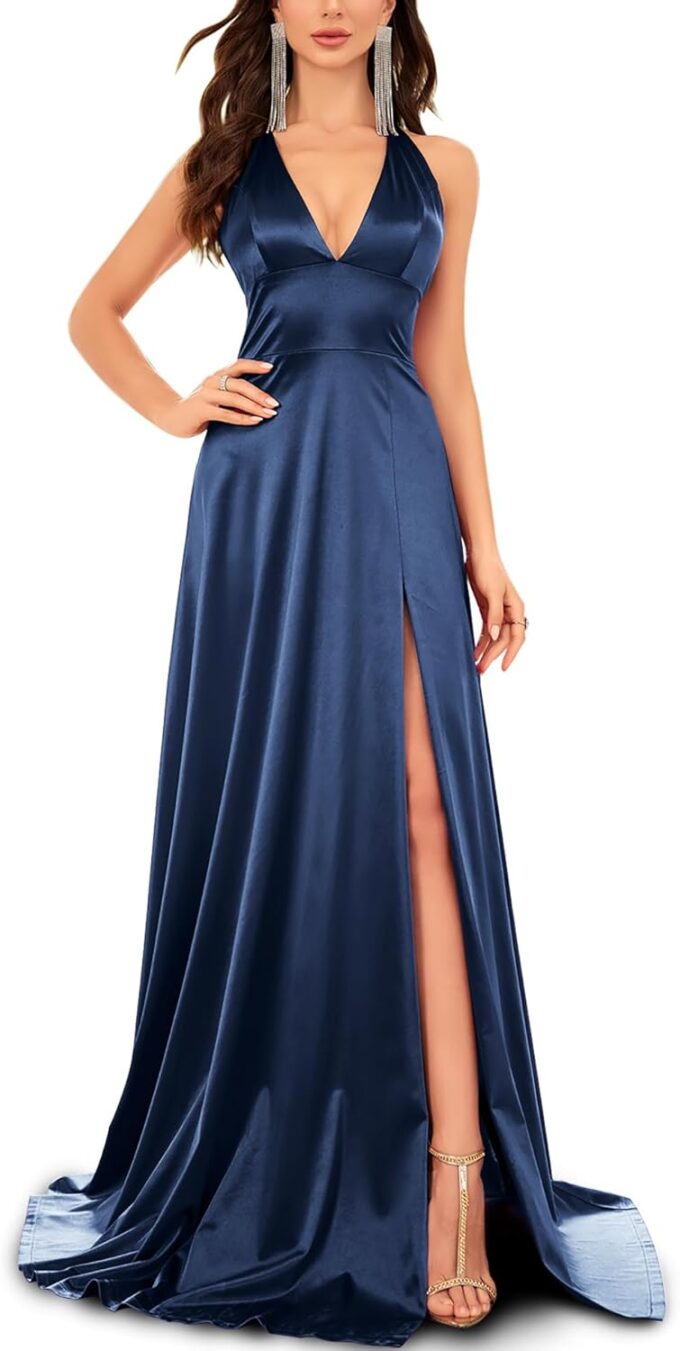 Women's Plunge V Neck Halter Satin Floor Length Evening Prom Backless Split Maxi Dress