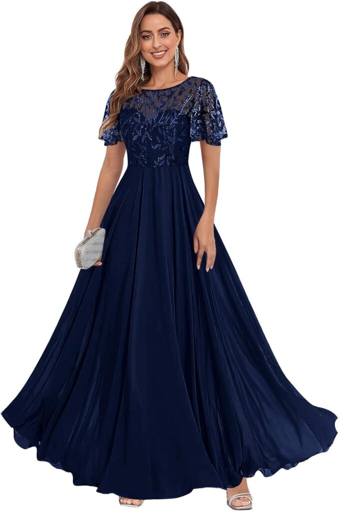 Women's Sequin Lace Mother of The Bride Dresses for Wedding Short Sleeve Formal Evening Gowns with Pockets – Bild 5